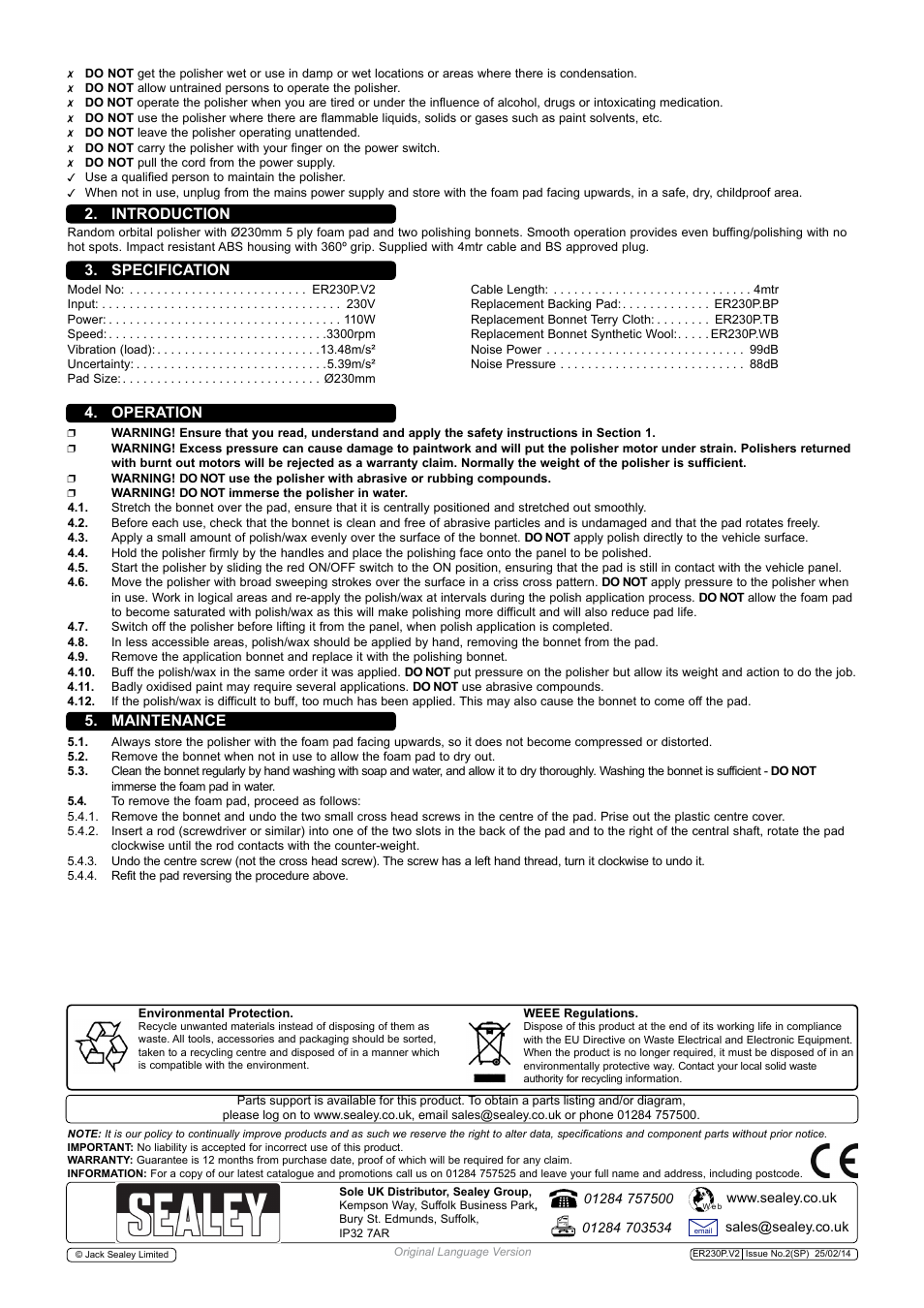 Specification, Introduction, Operation | Maintenance | Sealey ER230P User Manual | Page 2 / 3