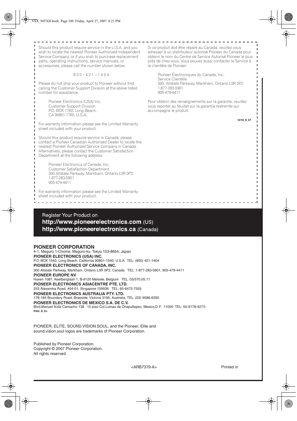 Pioneer corporation | DreamGEAR ELITE VSX-94TXH User Manual | Page 100 / 100