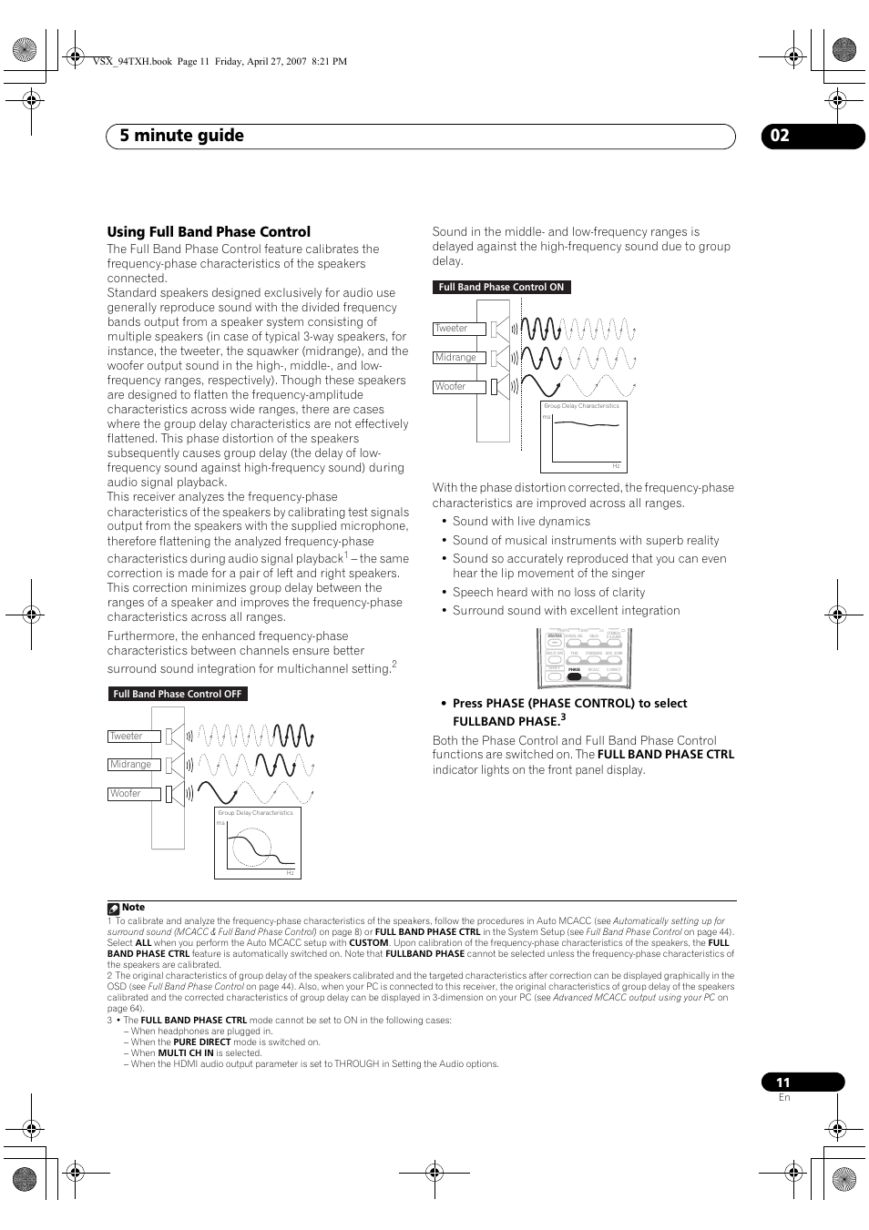 Using full band phase control, 5 minute guide 02 | DreamGEAR ELITE VSX-94TXH User Manual | Page 11 / 100