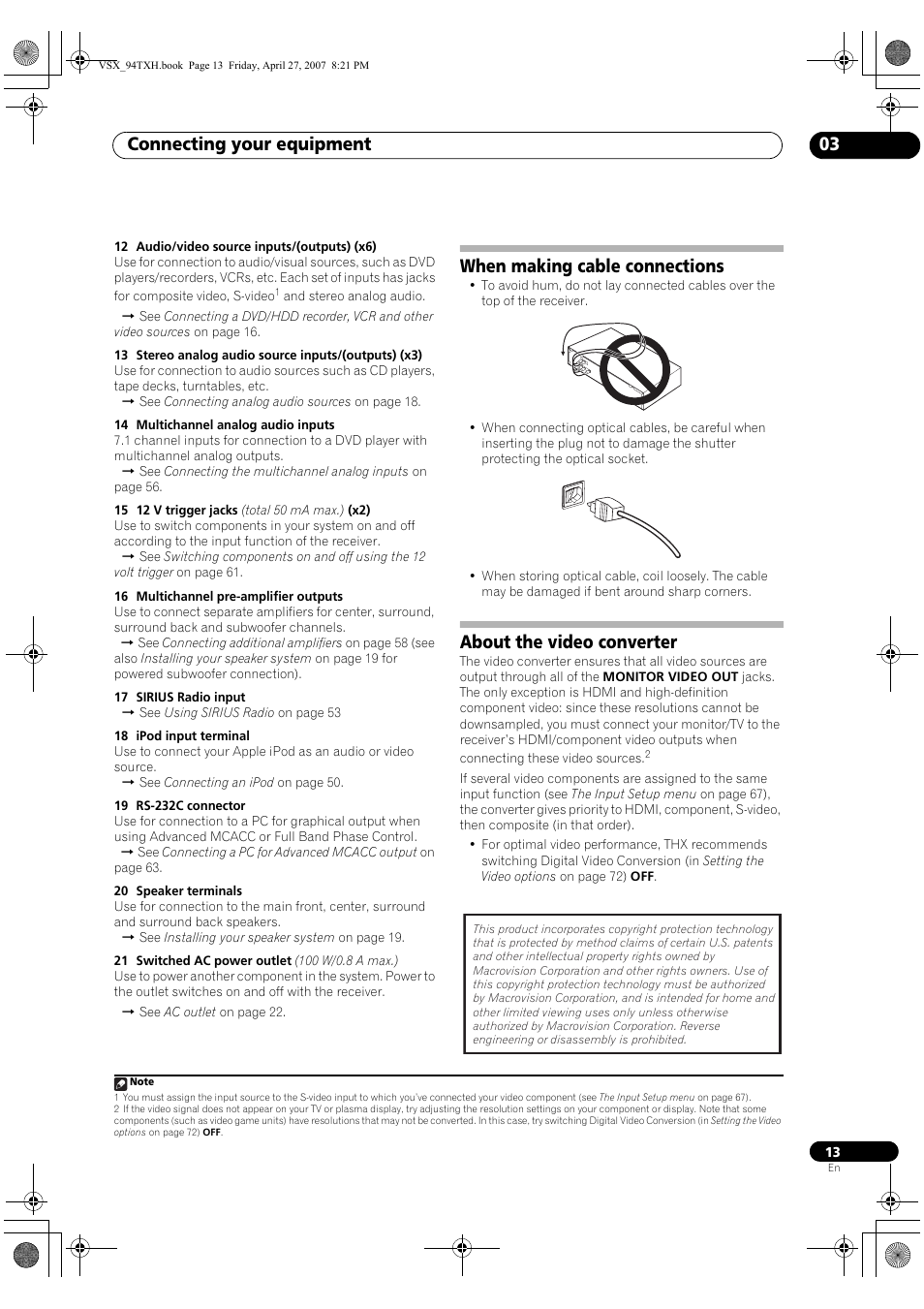 Connecting your equipment 03, When making cable connections, About the video converter | DreamGEAR ELITE VSX-94TXH User Manual | Page 13 / 100