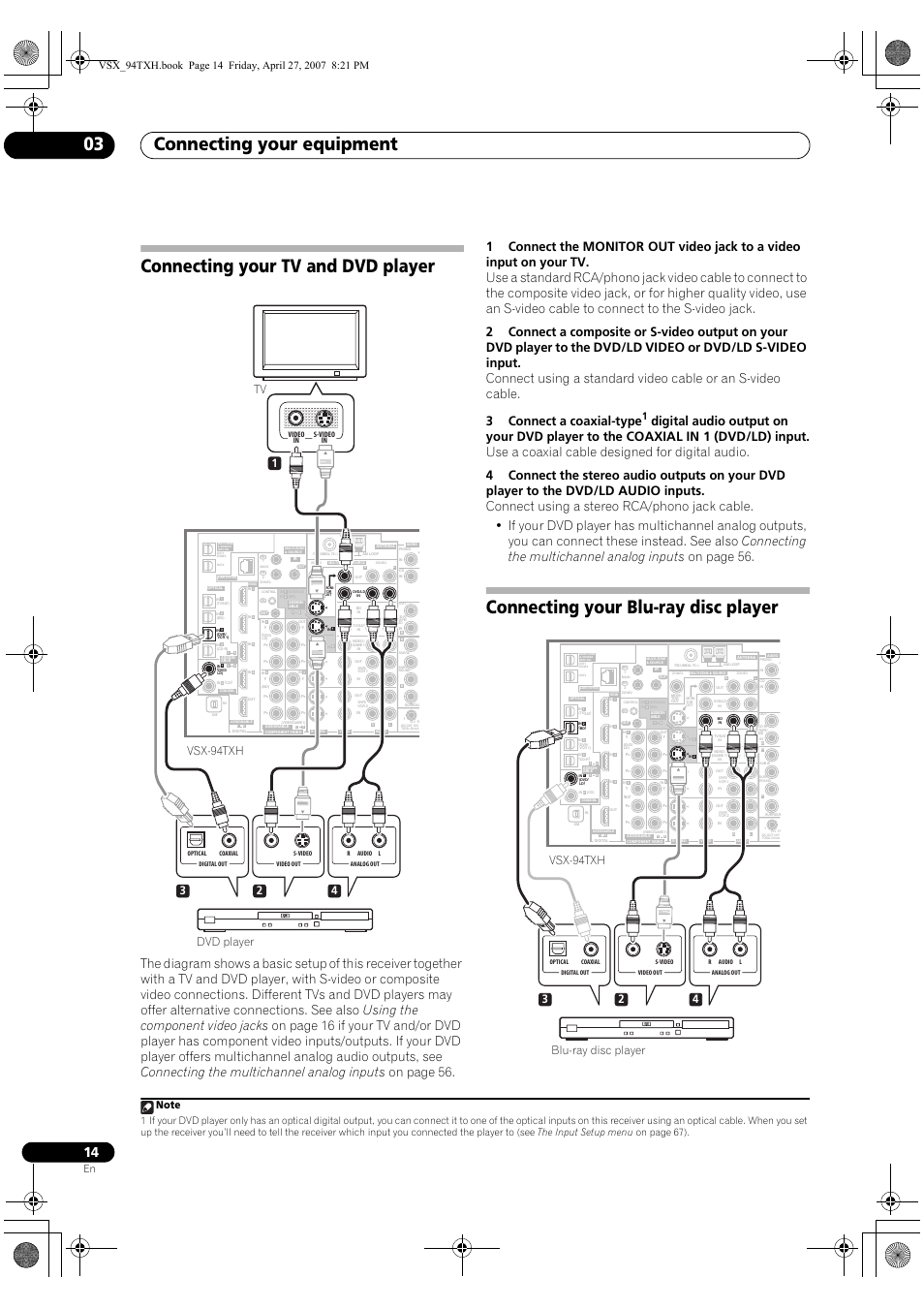 Connecting your equipment 03, Connecting your tv and dvd player, Connecting your blu-ray disc player | Dvd player, Blu-ray disc player, Video in s-video in | DreamGEAR ELITE VSX-94TXH User Manual | Page 14 / 100