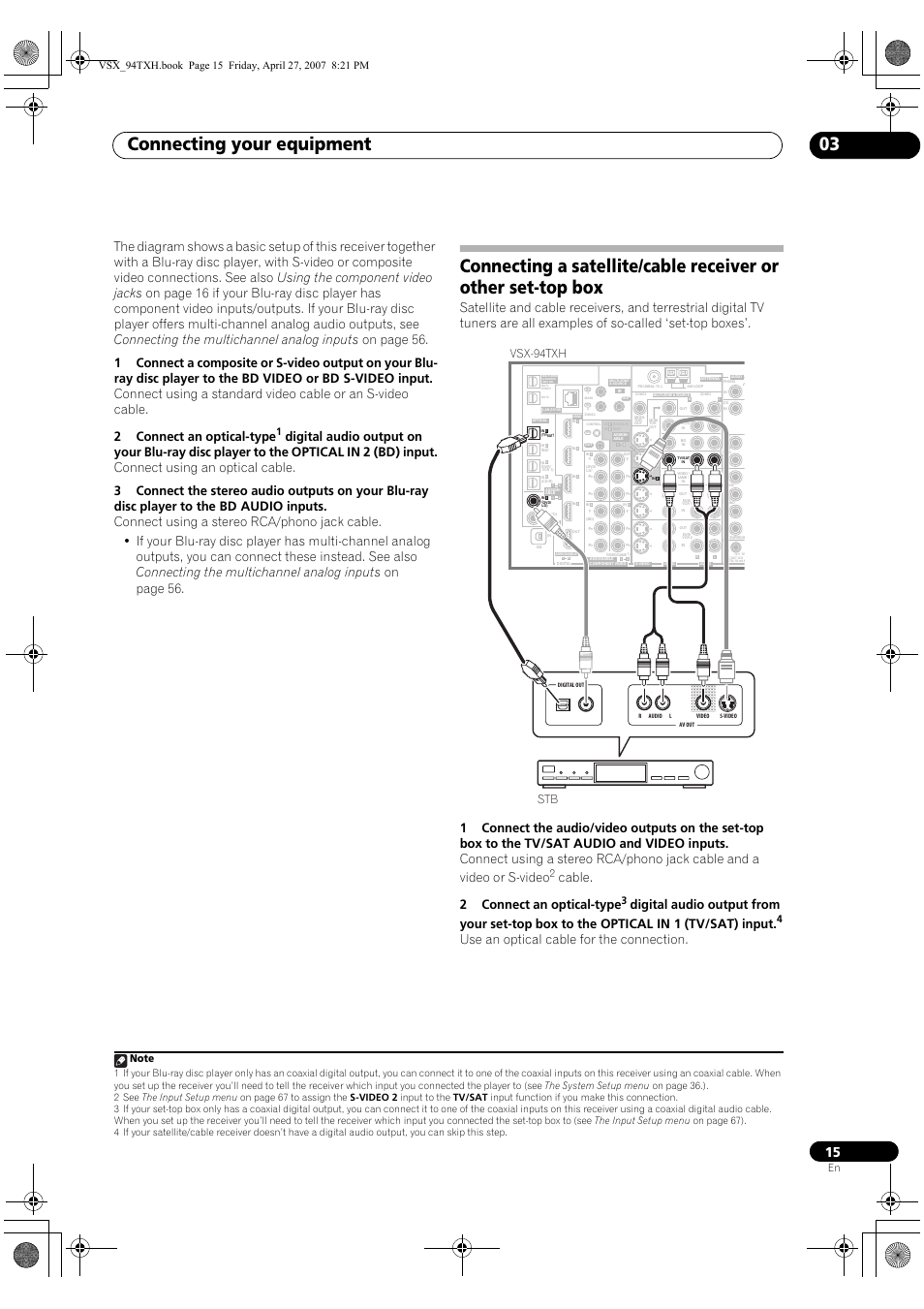 Connecting your equipment 03, Cable. 2 connect an optical-type, Use an optical cable for the connection | Stb vsx-94txh | DreamGEAR ELITE VSX-94TXH User Manual | Page 15 / 100