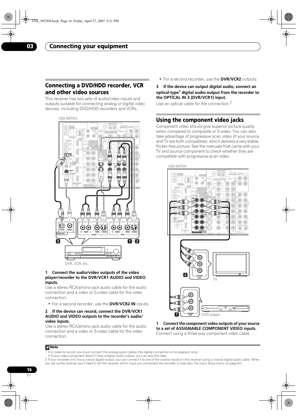 Connecting your equipment 03, Using the component video jacks, Vsx-94txh | 21 tv dvd player | DreamGEAR ELITE VSX-94TXH User Manual | Page 16 / 100