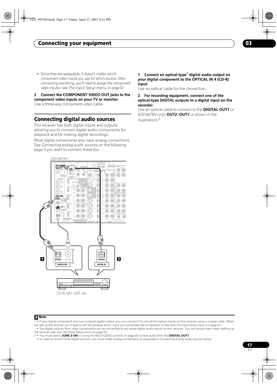 Connecting digital audio sources, Connecting your equipment 03, Vsx-94txh | Cd-r, md, dat, etc. 1 2 | DreamGEAR ELITE VSX-94TXH User Manual | Page 17 / 100