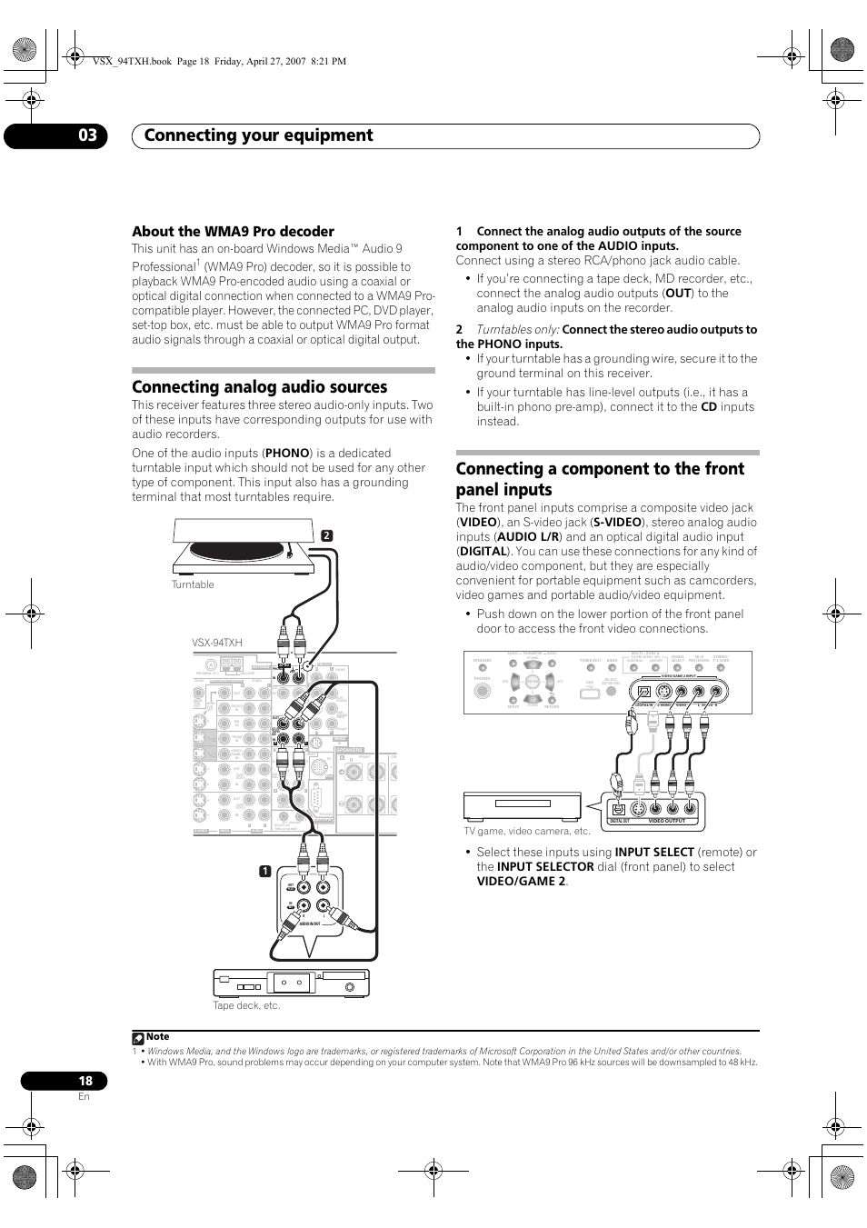 About the wma9 pro decoder, Connecting your equipment 03, Connecting analog audio sources | Connecting a component to the front panel inputs, Vsx-94txh, 21 turntable tape deck, etc, Tv game, video camera, etc | DreamGEAR ELITE VSX-94TXH User Manual | Page 18 / 100