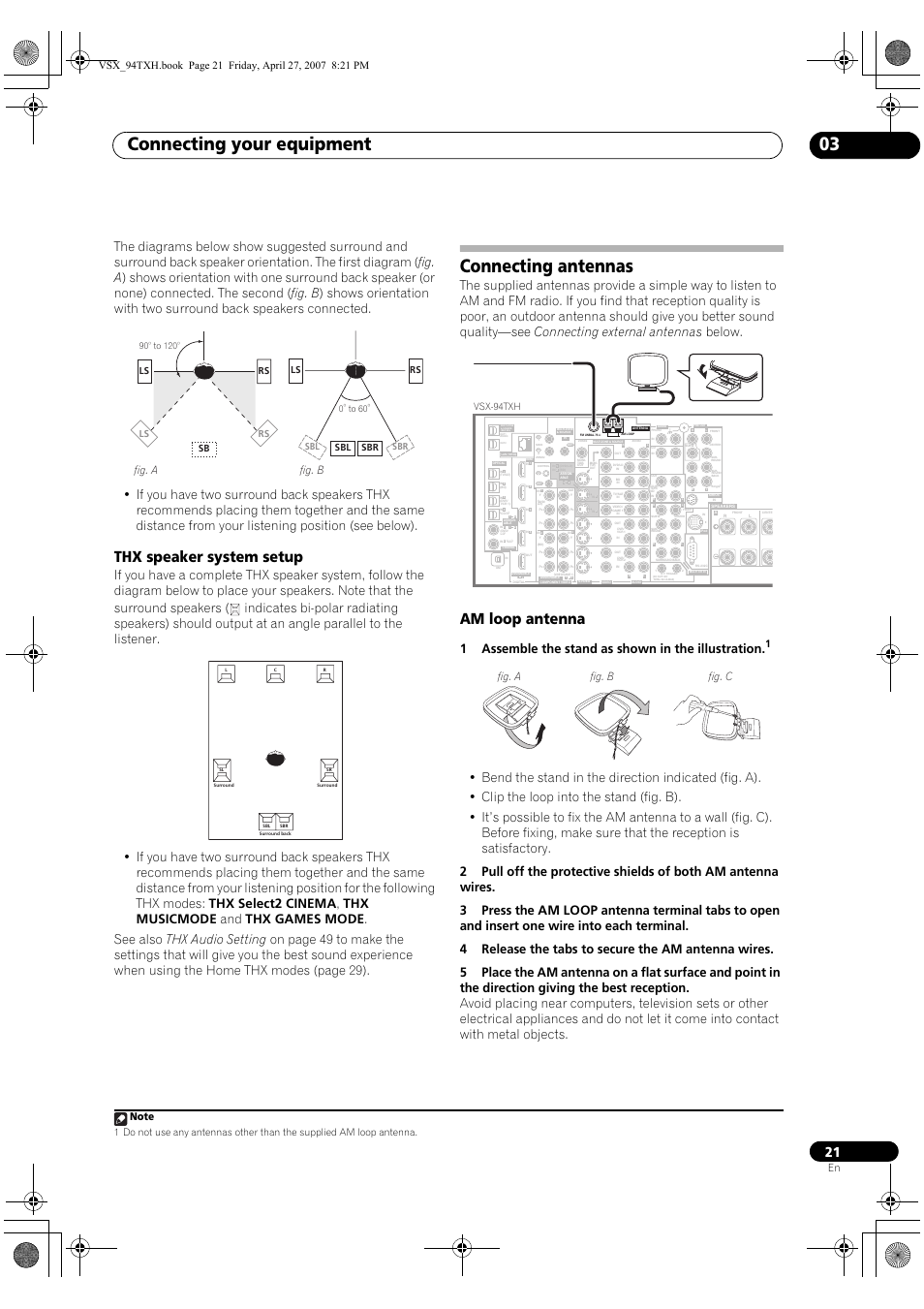 Thx speaker system setup, Connecting antennas, Am loop antenna | Connecting your equipment 03, 1assemble the stand as shown in the illustration, Fig. a fig. b, Ls rs rs sb ls rs, Vsx-94txh | DreamGEAR ELITE VSX-94TXH User Manual | Page 21 / 100
