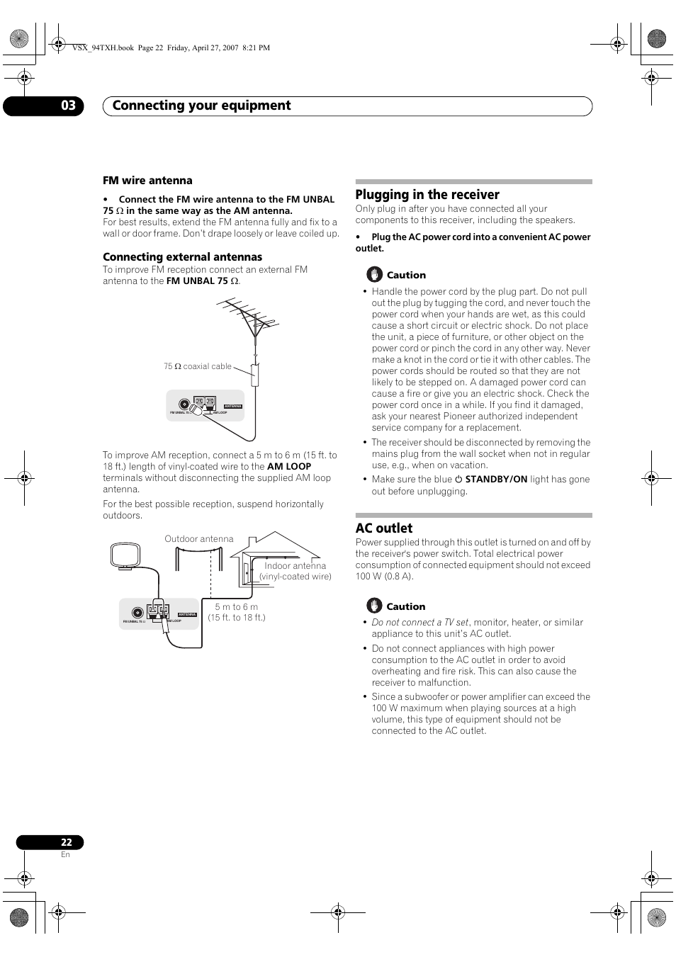 Fm wire antenna connecting external antennas, Plugging in the receiver ac outlet, Connecting your equipment 03 | Plugging in the receiver, Ac outlet | DreamGEAR ELITE VSX-94TXH User Manual | Page 22 / 100