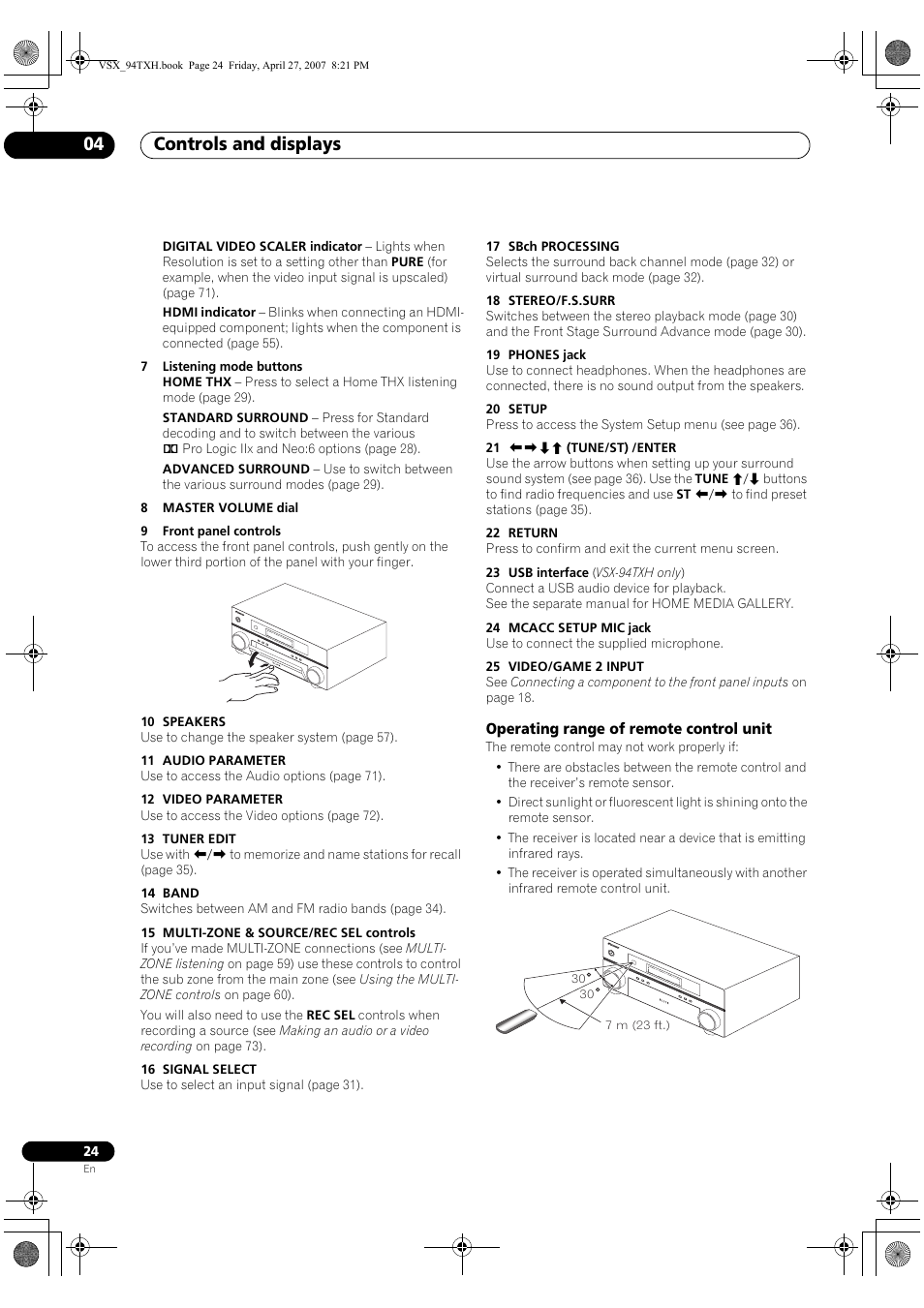 Operating range of remote control unit, Controls and displays 04 | DreamGEAR ELITE VSX-94TXH User Manual | Page 24 / 100