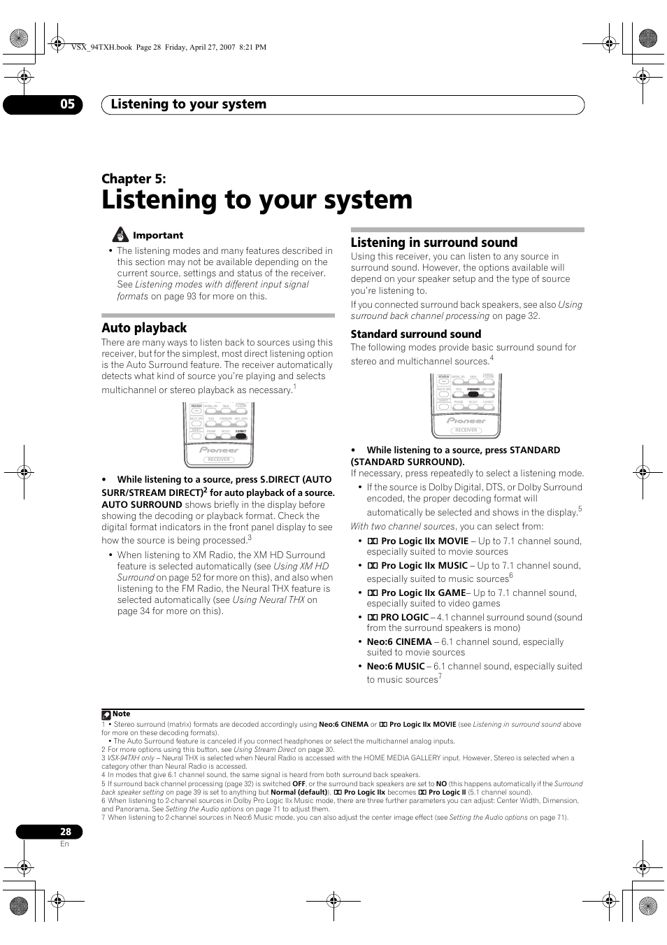 05 listening to your system, Auto playback listening in surround sound, Standard surround sound | Listening to your system, Listening to your system 05, Chapter 5, Auto playback, Listening in surround sound | DreamGEAR ELITE VSX-94TXH User Manual | Page 28 / 100