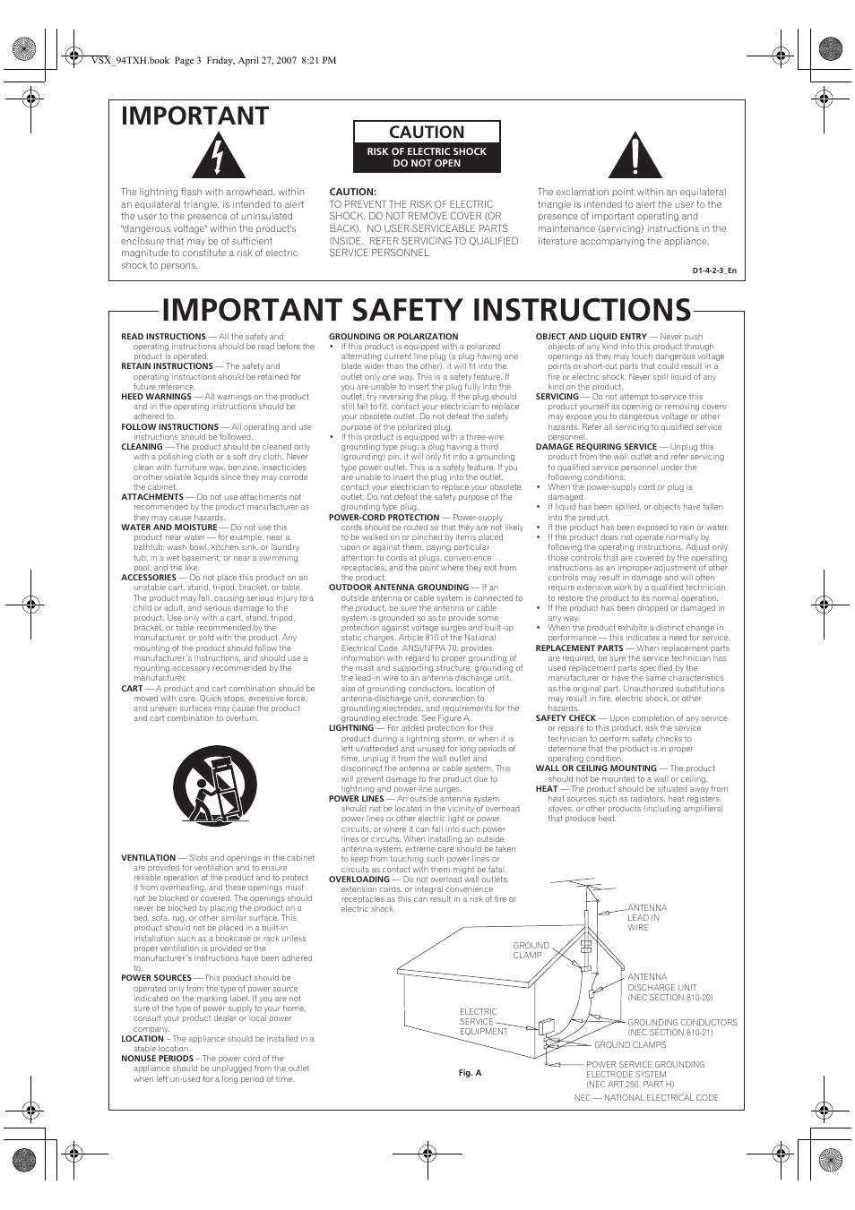 Important safety instructions, Important, Caution | DreamGEAR ELITE VSX-94TXH User Manual | Page 3 / 100