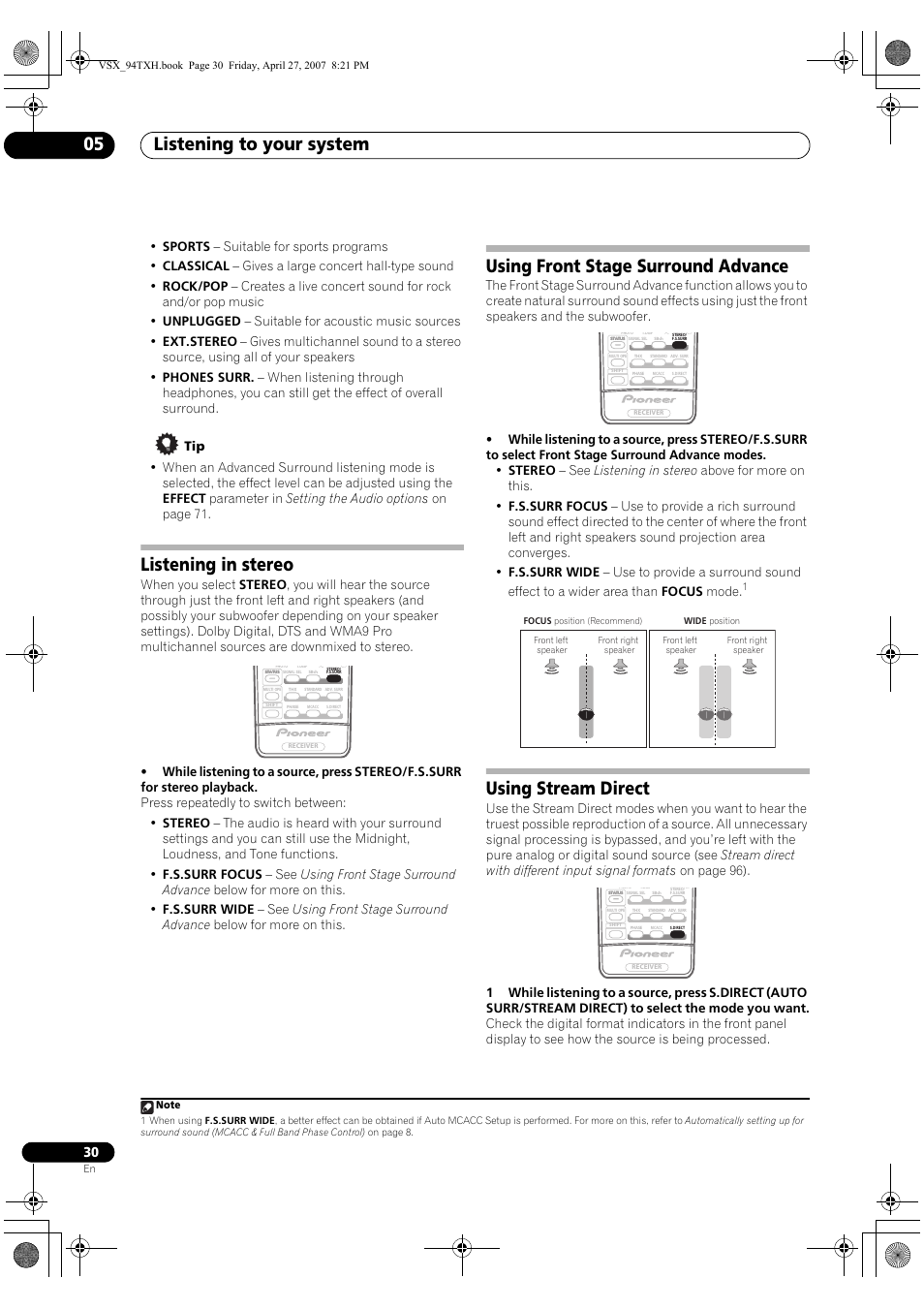 Listening to your system 05, Listening in stereo, Using front stage surround advance | Using stream direct | DreamGEAR ELITE VSX-94TXH User Manual | Page 30 / 100