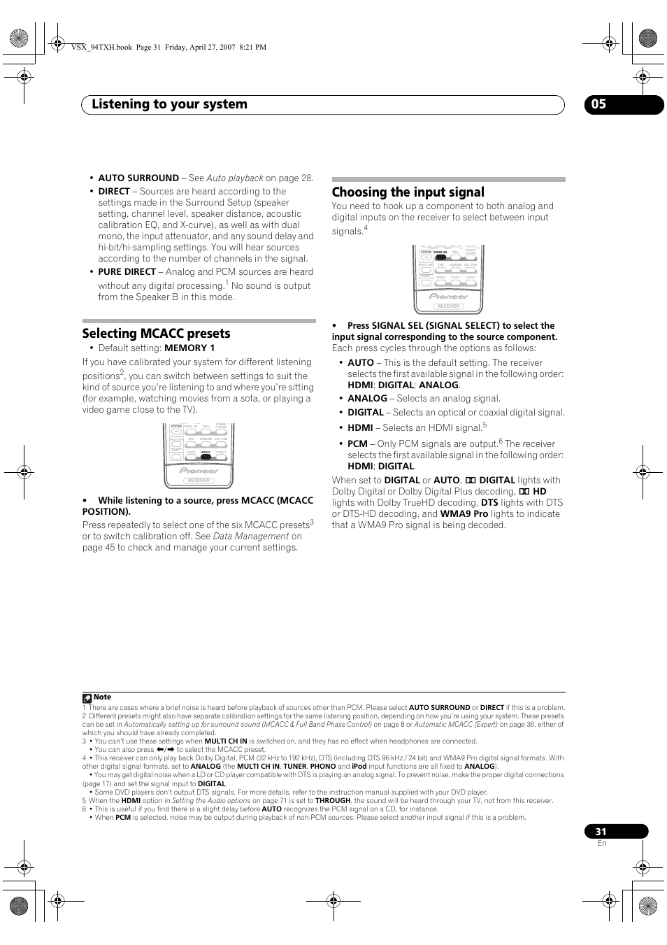 Selecting mcacc presets choosing the input signal, Listening to your system 05, Selecting mcacc presets | Choosing the input signal | DreamGEAR ELITE VSX-94TXH User Manual | Page 31 / 100