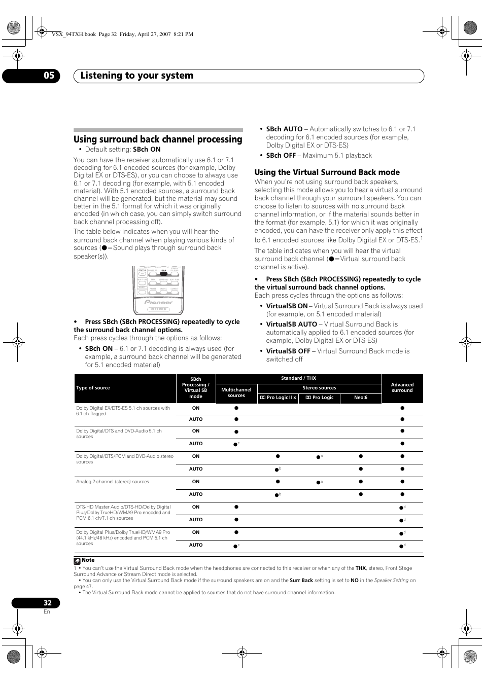 Using surround back channel processing, Using the virtual surround back mode, Listening to your system 05 | DreamGEAR ELITE VSX-94TXH User Manual | Page 32 / 100