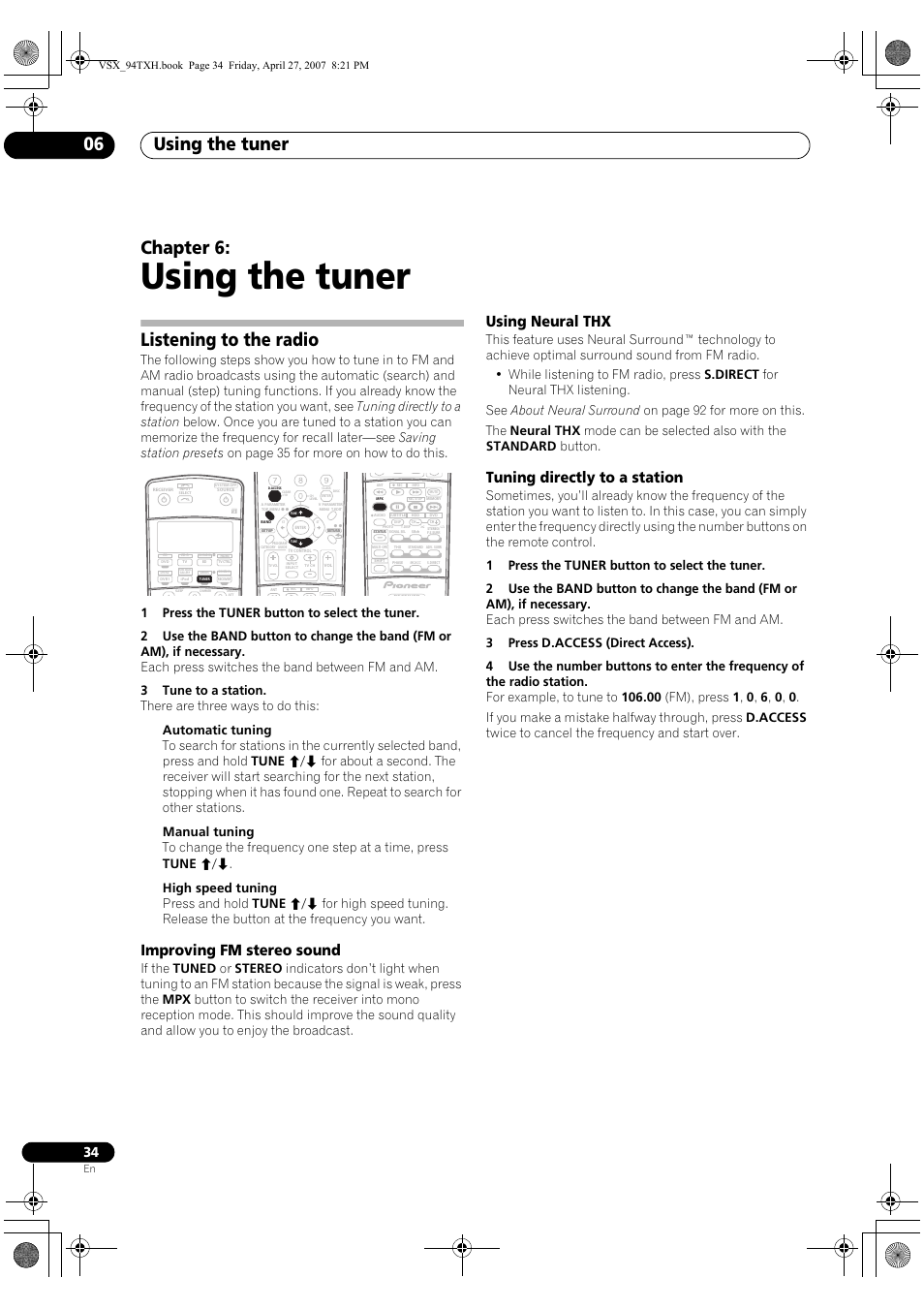 06 using the tuner, Listening to the radio, Using the tuner | Using the tuner 06, Chapter 6, Improving fm stereo sound, Using neural thx, Tuning directly to a station | DreamGEAR ELITE VSX-94TXH User Manual | Page 34 / 100