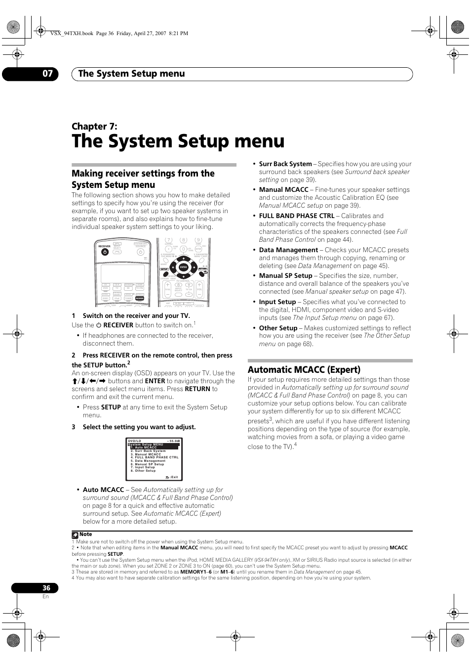 07 the system setup menu, The system setup menu, The system setup menu 07 | Chapter 7, Automatic mcacc (expert) | DreamGEAR ELITE VSX-94TXH User Manual | Page 36 / 100