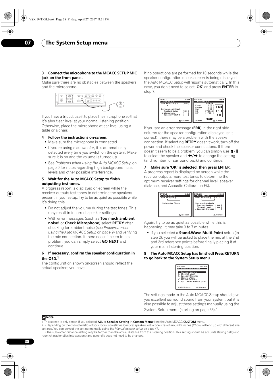 The system setup menu 07 | DreamGEAR ELITE VSX-94TXH User Manual | Page 38 / 100