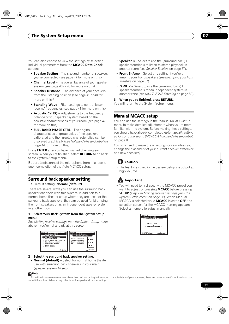 Surround back speaker setting manual mcacc setup, The system setup menu 07, Surround back speaker setting | Manual mcacc setup | DreamGEAR ELITE VSX-94TXH User Manual | Page 39 / 100