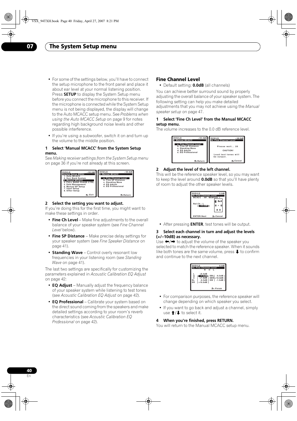 Fine channel level, The system setup menu 07 | DreamGEAR ELITE VSX-94TXH User Manual | Page 40 / 100