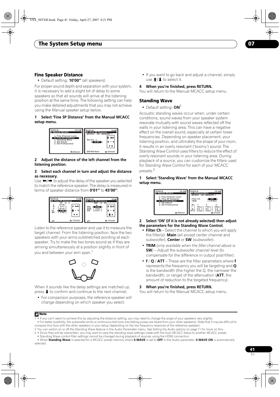 Fine speaker distance standing wave, The system setup menu 07, Fine speaker distance | Standing wave, Default setting: on | DreamGEAR ELITE VSX-94TXH User Manual | Page 41 / 100