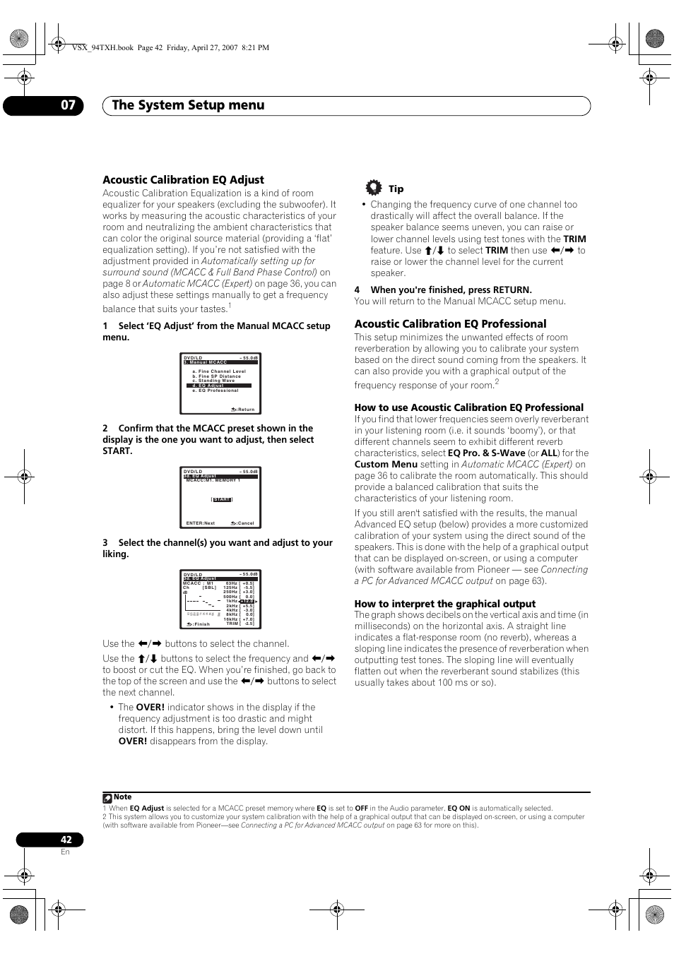 The system setup menu 07, Acoustic calibration eq adjust, Acoustic calibration eq professional | How to use acoustic calibration eq professional, How to interpret the graphical output | DreamGEAR ELITE VSX-94TXH User Manual | Page 42 / 100