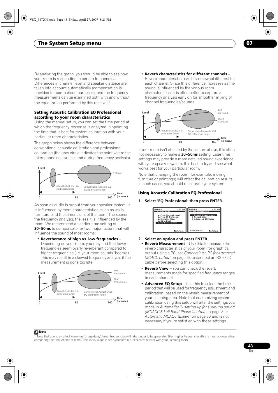 The system setup menu 07, Using acoustic calibration eq professional | DreamGEAR ELITE VSX-94TXH User Manual | Page 43 / 100