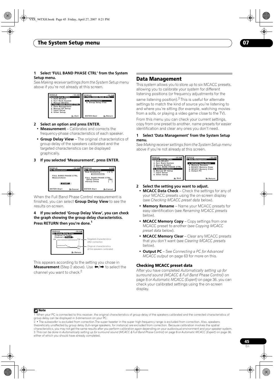 Data management, The system setup menu 07, Checking mcacc preset data | DreamGEAR ELITE VSX-94TXH User Manual | Page 45 / 100