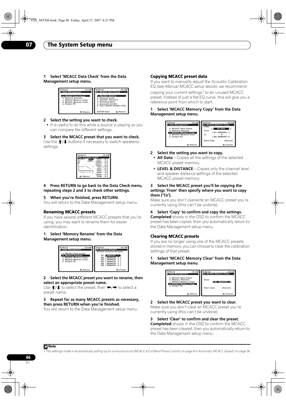 The system setup menu 07, Renaming mcacc presets, Copying mcacc preset data | Clearing mcacc presets | DreamGEAR ELITE VSX-94TXH User Manual | Page 46 / 100