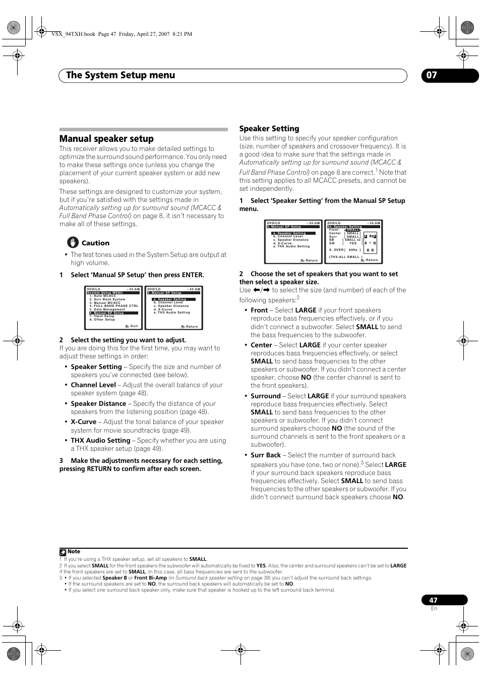 Manual speaker setup, Speaker setting, The system setup menu 07 | DreamGEAR ELITE VSX-94TXH User Manual | Page 47 / 100