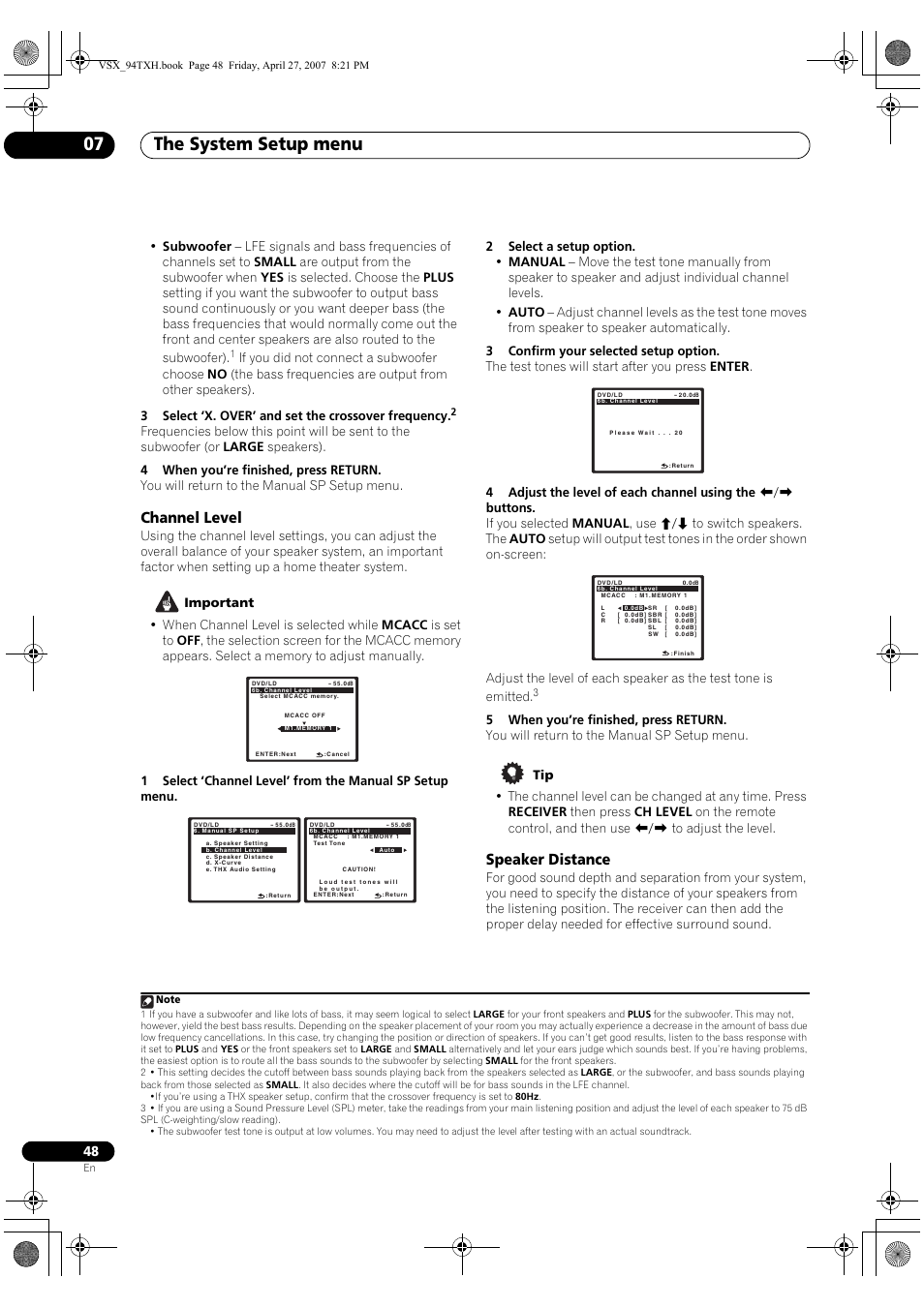 Channel level speaker distance, The system setup menu 07, Channel level | Speaker distance | DreamGEAR ELITE VSX-94TXH User Manual | Page 48 / 100
