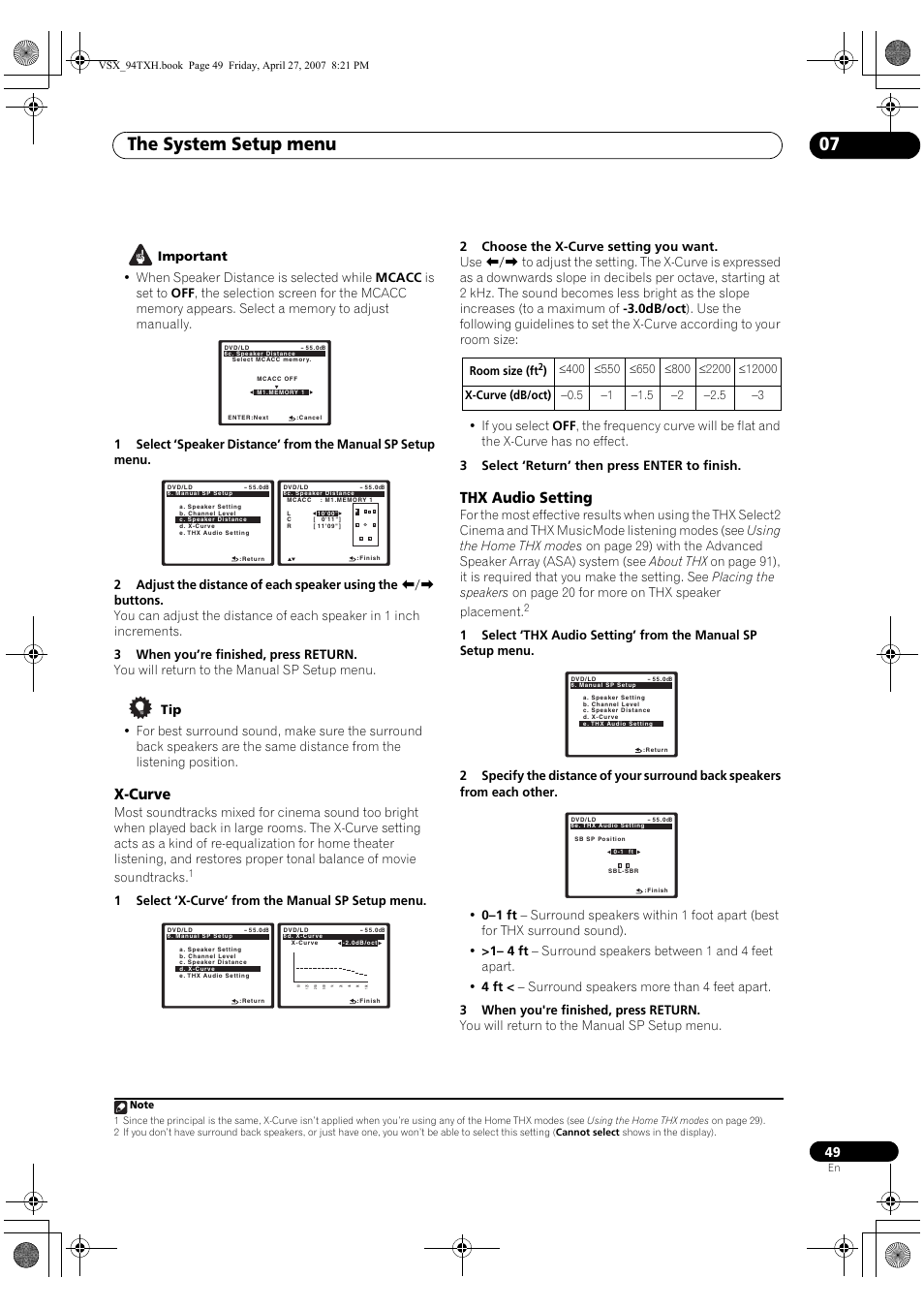 X-curve thx audio setting, The system setup menu 07, X-curve | Thx audio setting | DreamGEAR ELITE VSX-94TXH User Manual | Page 49 / 100