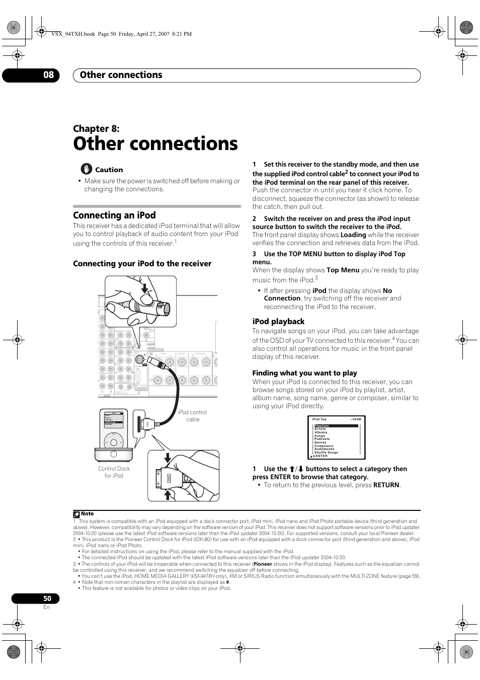 08 other connections, Connecting an ipod, Connecting your ipod to the receiver ipod playback | Other connections, Other connections 08, Chapter 8, Connecting your ipod to the receiver, Ipod playback, Finding what you want to play, Control dock for ipod ipod control cable | DreamGEAR ELITE VSX-94TXH User Manual | Page 50 / 100