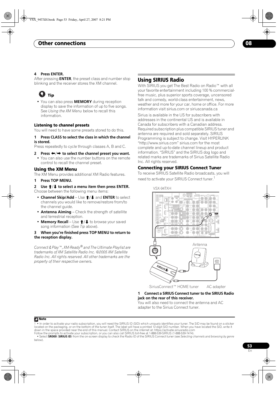 Using the xm menu, Using sirius radio, Connecting your sirius connect tuner | Other connections 08, Listening to channel presets, Multi-zone & source /rec sel, Siriusconnect™ home tuner antenna ac adapter, Vsx-94txh, Sirius | DreamGEAR ELITE VSX-94TXH User Manual | Page 53 / 100