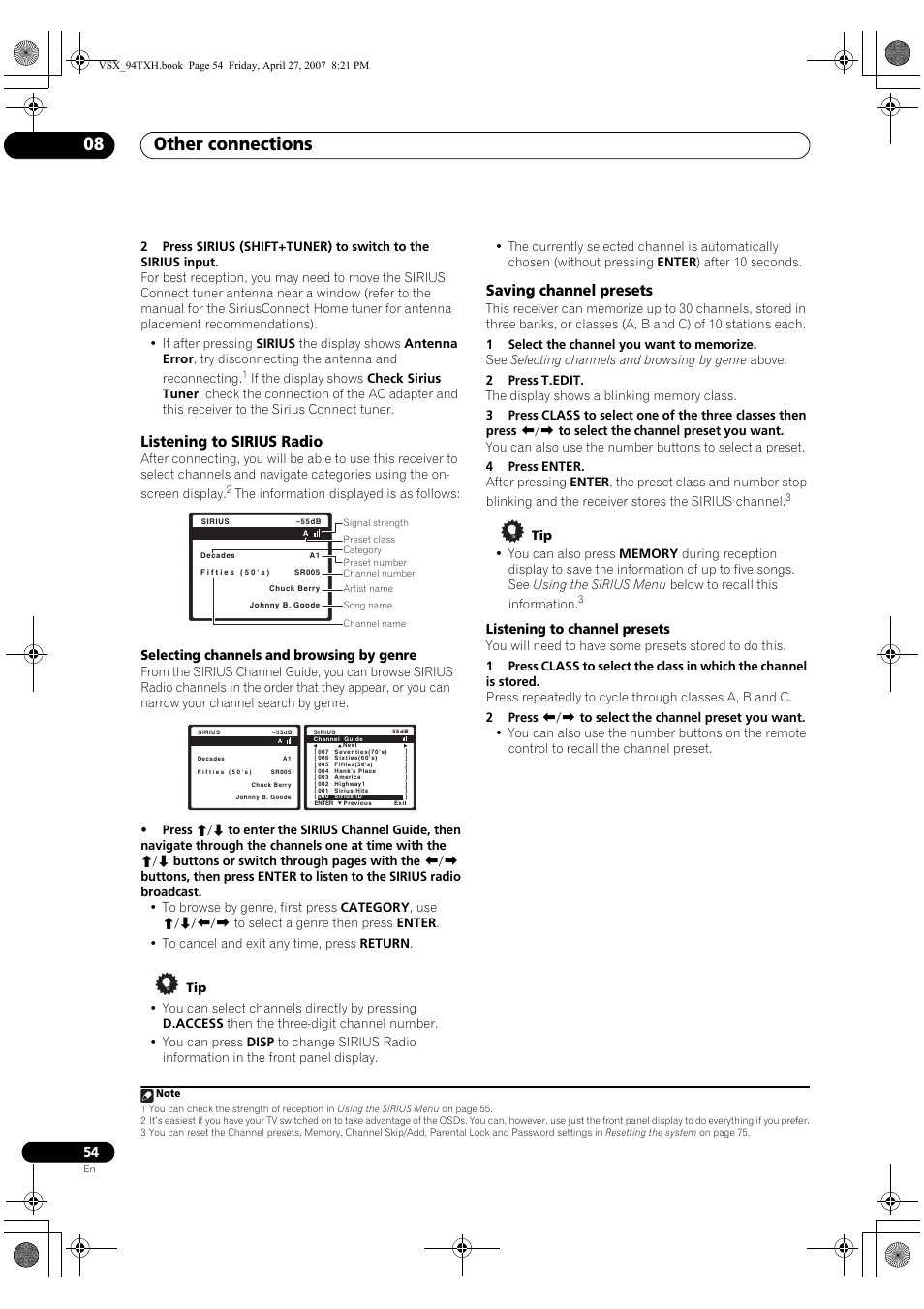 Listening to sirius radio saving channel presets, Other connections 08, Listening to sirius radio | Saving channel presets, Selecting channels and browsing by genre, Listening to channel presets | DreamGEAR ELITE VSX-94TXH User Manual | Page 54 / 100