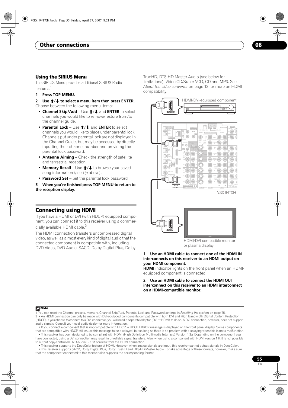 Using the sirius menu, Connecting using hdmi, Other connections 08 | DreamGEAR ELITE VSX-94TXH User Manual | Page 55 / 100