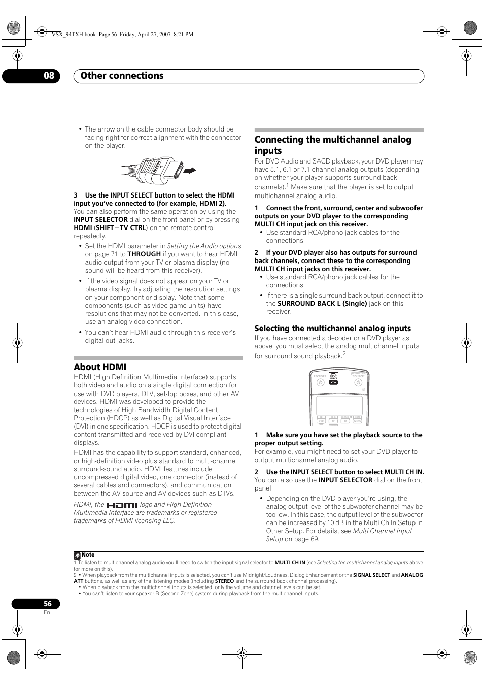 Selecting the multichannel analog inputs, Other connections 08, About hdmi | Connecting the multichannel analog inputs | DreamGEAR ELITE VSX-94TXH User Manual | Page 56 / 100