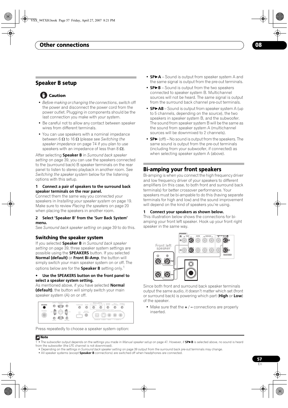 Speaker b setup, Switching the speaker system, Bi-amping your front speakers | Other connections 08 | DreamGEAR ELITE VSX-94TXH User Manual | Page 57 / 100