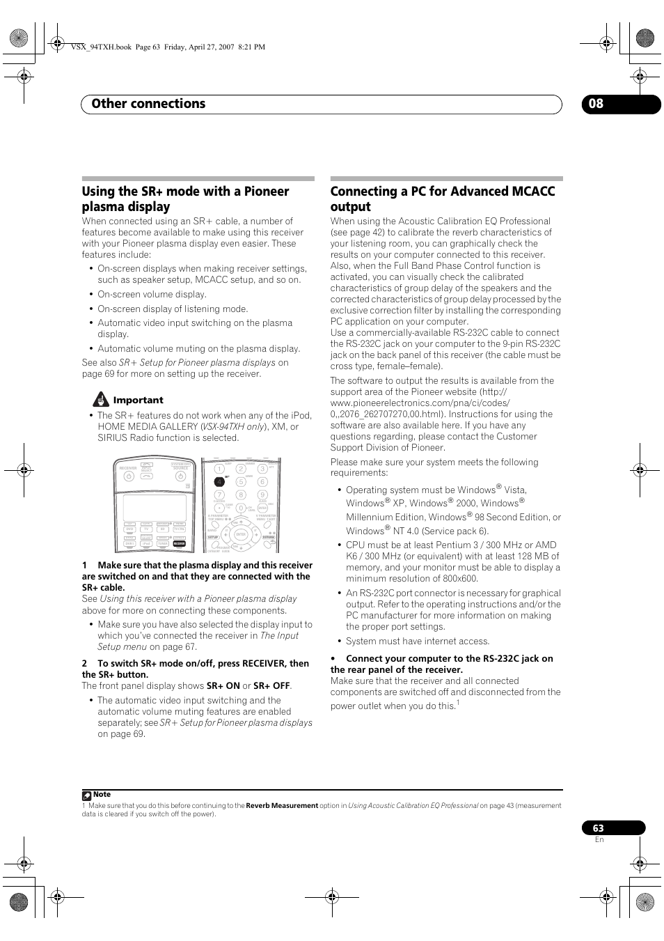 Other connections 08, Using the sr+ mode with a pioneer plasma display, Connecting a pc for advanced mcacc output | Vista, windows, Xp, windows, 2000, windows, Millennium edition, windows, 98 second edition, or windows | DreamGEAR ELITE VSX-94TXH User Manual | Page 63 / 100