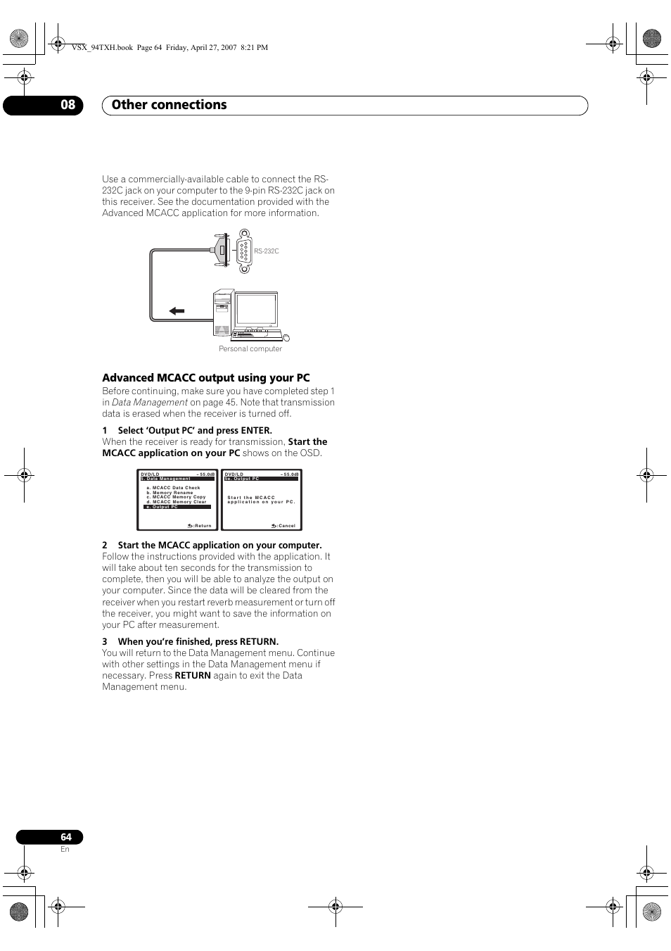 Advanced mcacc output using your pc, Other connections 08 | DreamGEAR ELITE VSX-94TXH User Manual | Page 64 / 100