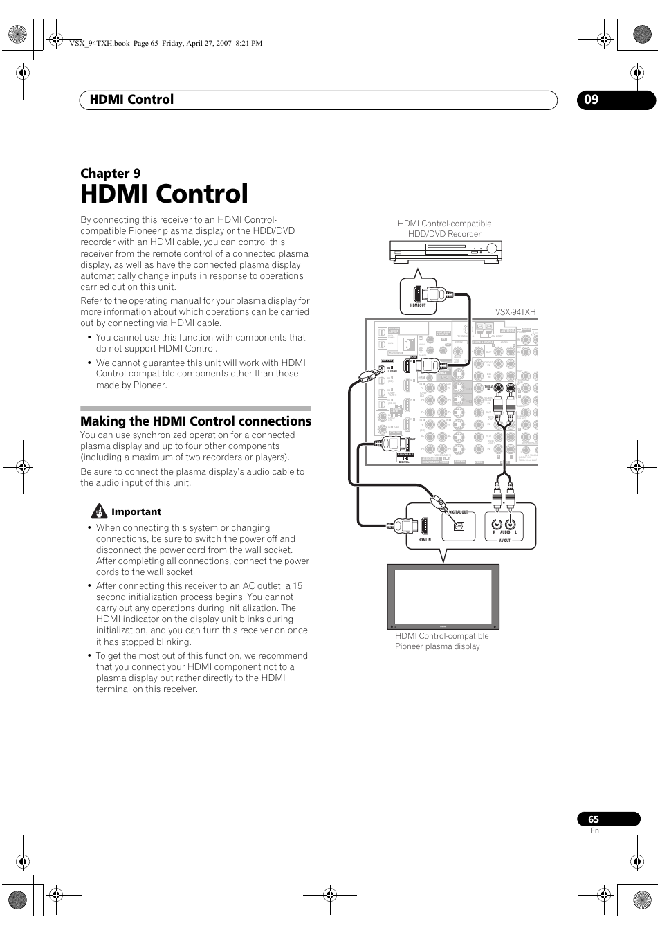 09 hdmi control, Making the hdmi control connections, Hdmi control | Hdmi control 09, Chapter 9 | DreamGEAR ELITE VSX-94TXH User Manual | Page 65 / 100