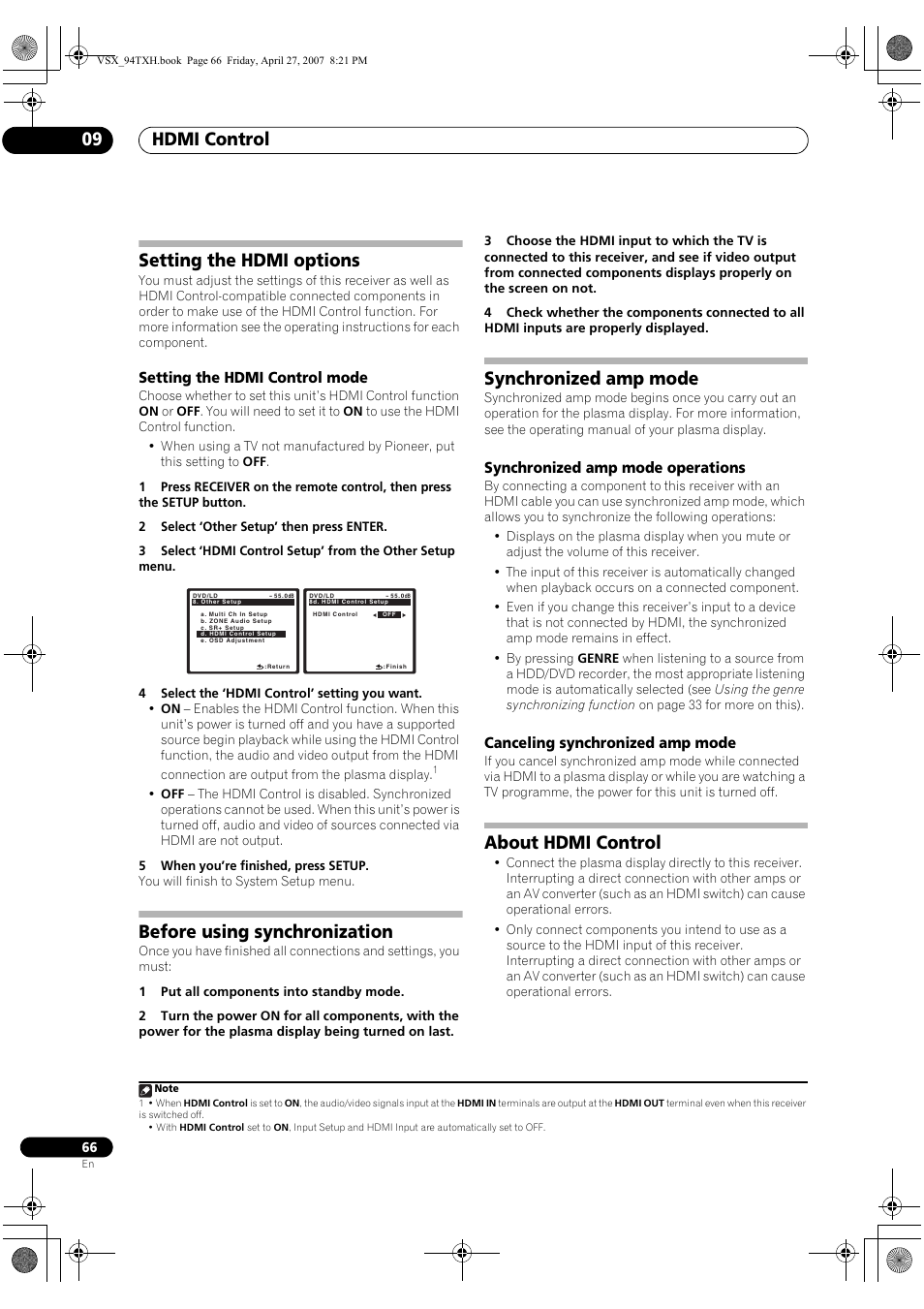 Setting the hdmi options, Setting the hdmi control mode, Before using synchronization synchronized amp mode | About hdmi control, Hdmi control 09, Before using synchronization, Synchronized amp mode | DreamGEAR ELITE VSX-94TXH User Manual | Page 66 / 100