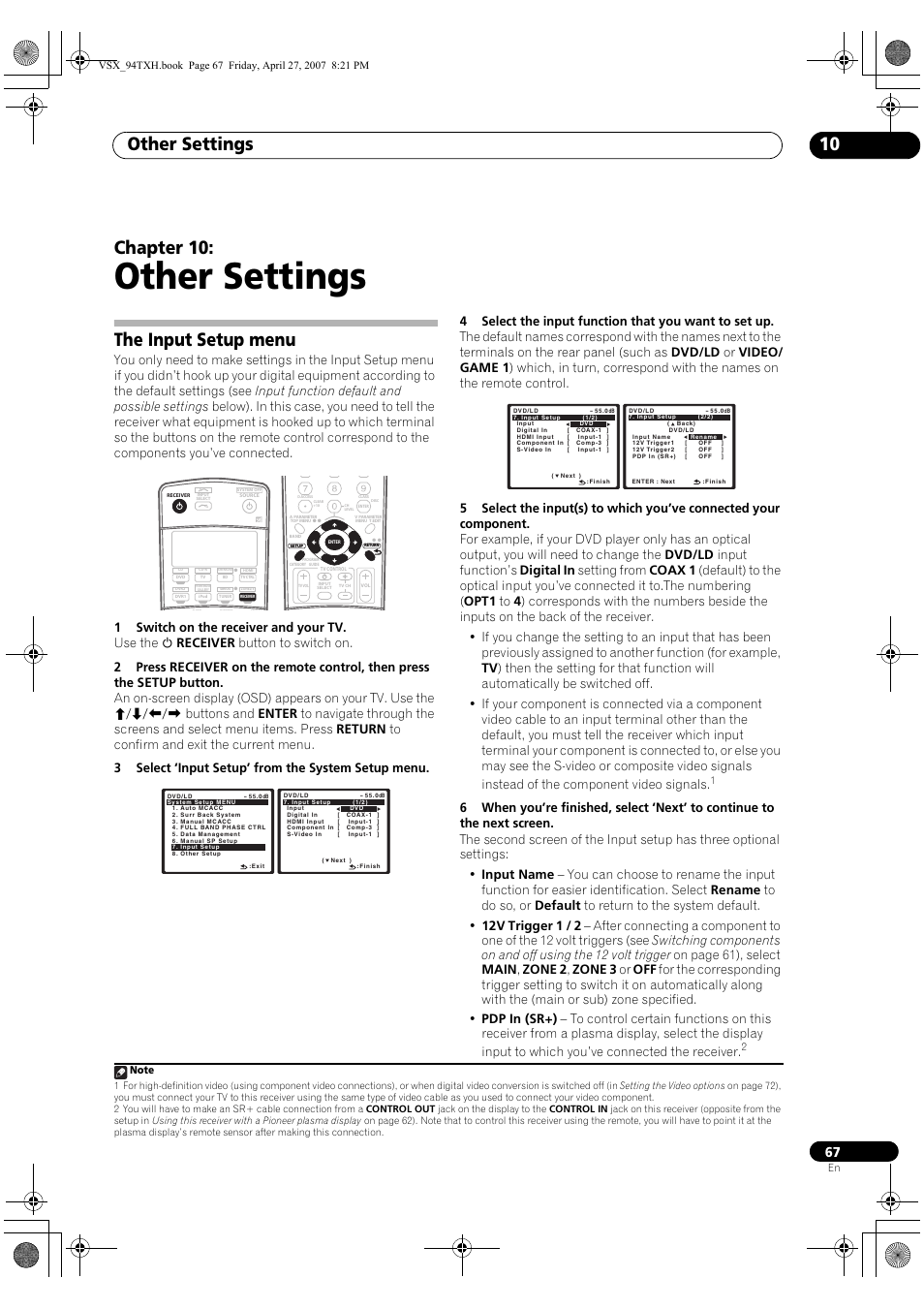 10 other settings, The input setup menu, Other settings | Other settings 10, Chapter 10 | DreamGEAR ELITE VSX-94TXH User Manual | Page 67 / 100