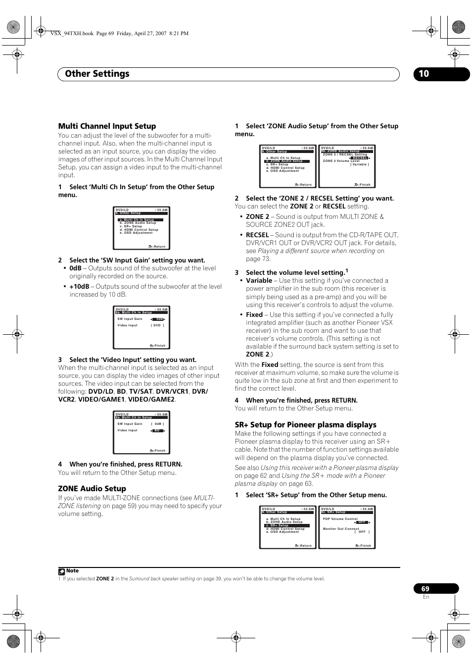 Other settings 10, Multi channel input setup, Zone audio setup | Sr+ setup for pioneer plasma displays | DreamGEAR ELITE VSX-94TXH User Manual | Page 69 / 100