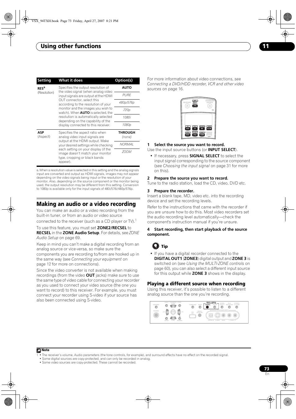 Making an audio or a video recording, Playing a different source when recording, Using other functions 11 | DreamGEAR ELITE VSX-94TXH User Manual | Page 73 / 100