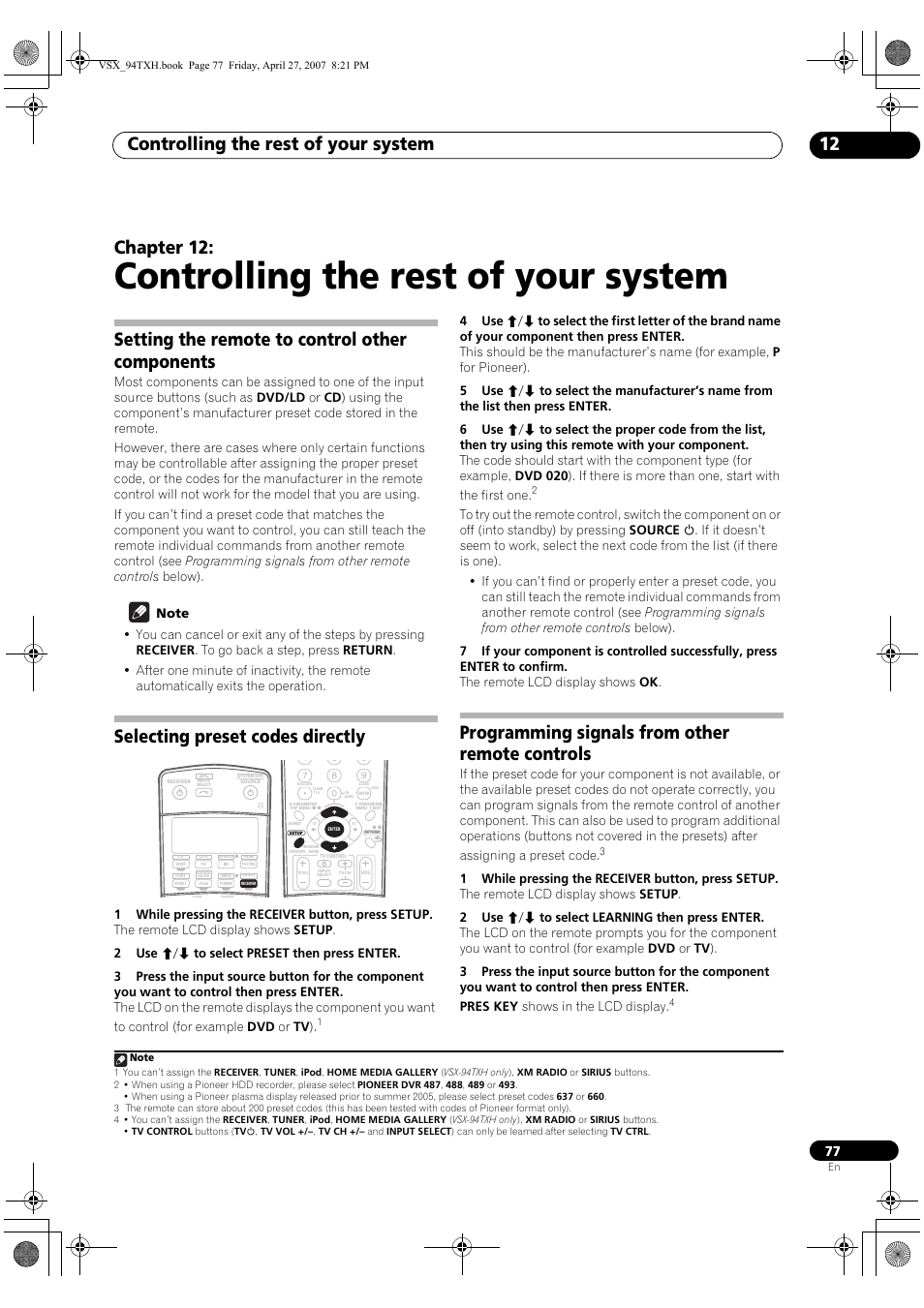 12 controlling the rest of your system, Controlling the rest of your system, Controlling the rest of your system 12 | Chapter 12, Setting the remote to control other components, Selecting preset codes directly, Programming signals from other remote controls | DreamGEAR ELITE VSX-94TXH User Manual | Page 77 / 100