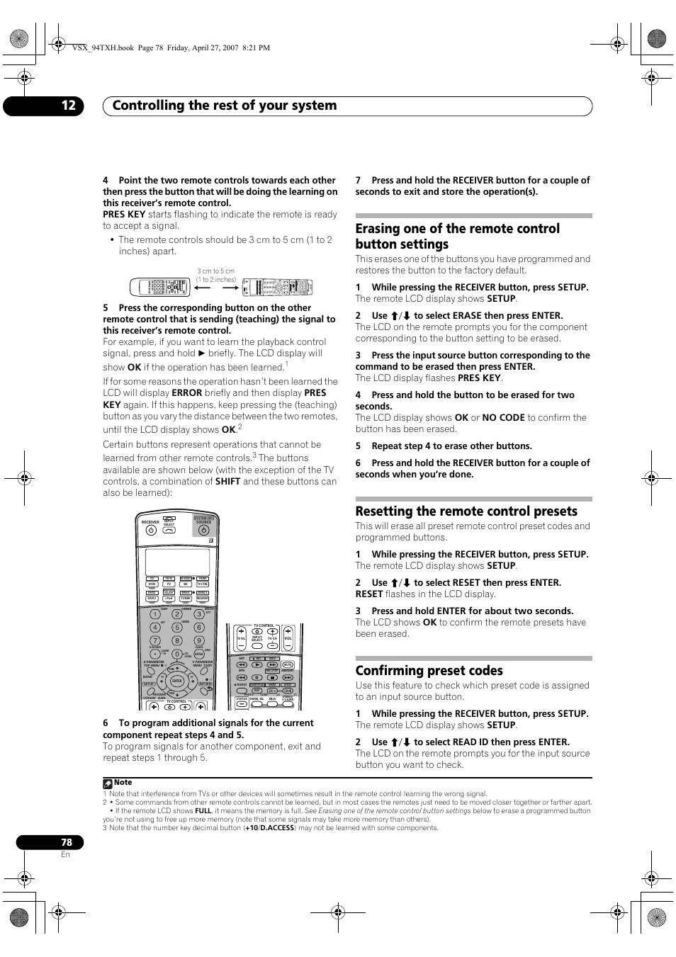 Controlling the rest of your system 12, Erasing one of the remote control button settings, Resetting the remote control presets | Confirming preset codes | DreamGEAR ELITE VSX-94TXH User Manual | Page 78 / 100