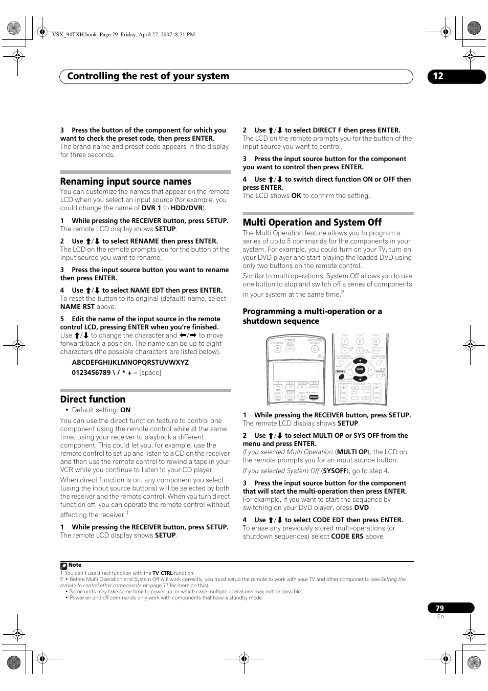 Controlling the rest of your system 12, Renaming input source names, Direct function | Multi operation and system off | DreamGEAR ELITE VSX-94TXH User Manual | Page 79 / 100