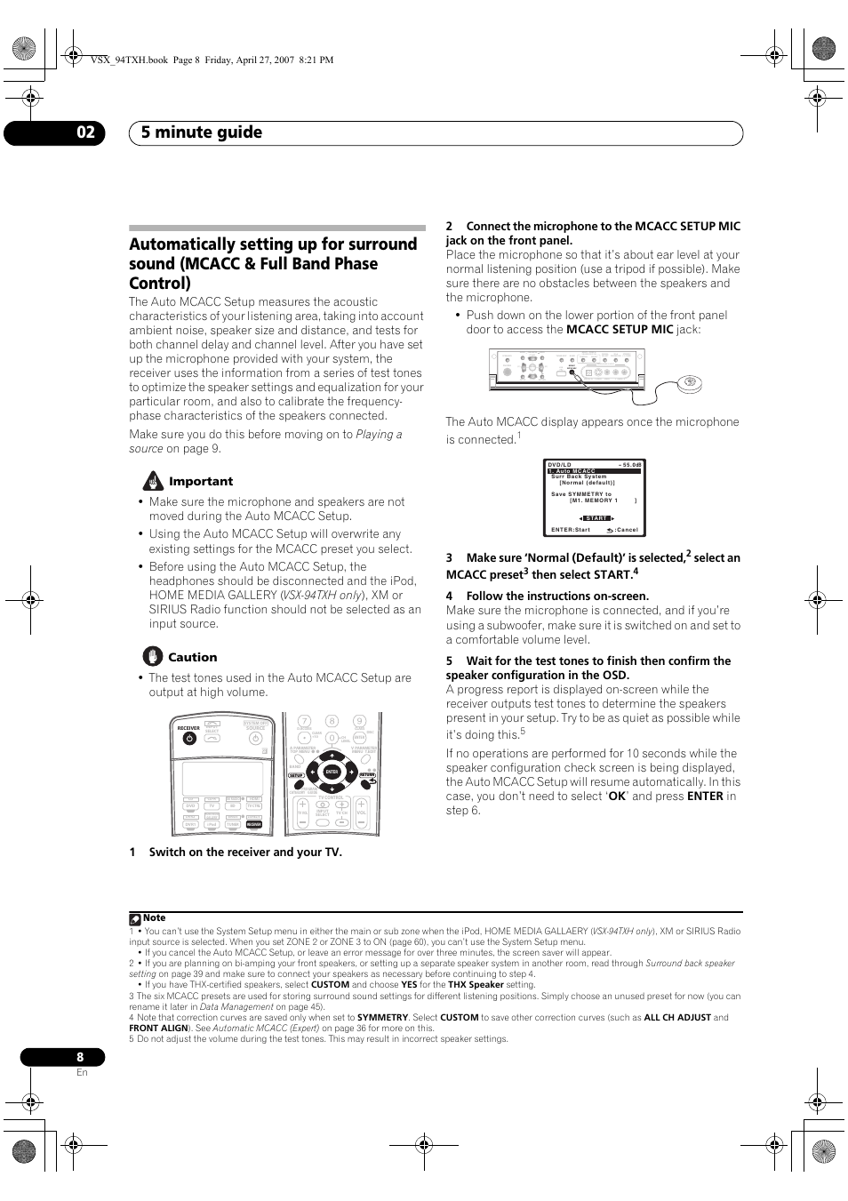 5 minute guide 02, 3make sure ‘normal (default)’ is selected, Select an mcacc preset | Then select start | DreamGEAR ELITE VSX-94TXH User Manual | Page 8 / 100