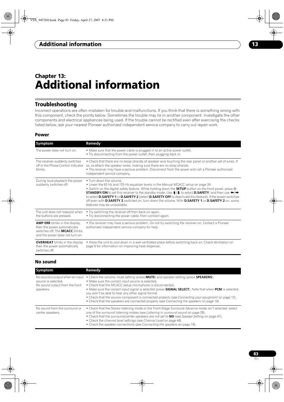 13 additional information, Troubleshooting, Power no sound | Additional information, Additional information 13, Chapter 13 | DreamGEAR ELITE VSX-94TXH User Manual | Page 83 / 100