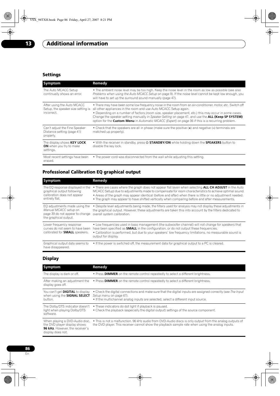 Additional information 13 | DreamGEAR ELITE VSX-94TXH User Manual | Page 86 / 100
