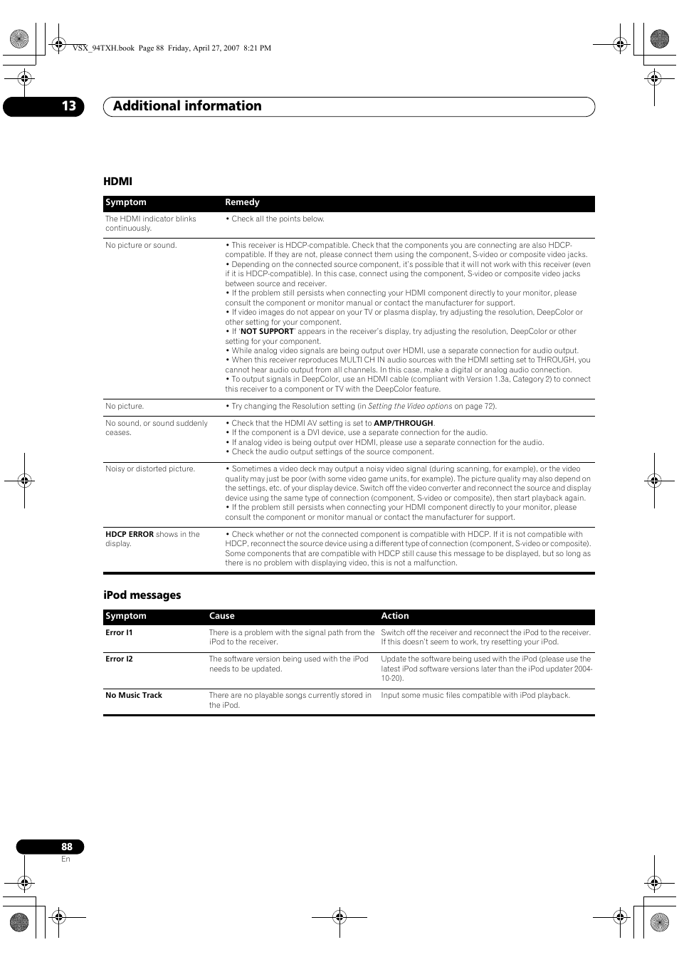 Hdmi ipod messages, Additional information 13 | DreamGEAR ELITE VSX-94TXH User Manual | Page 88 / 100